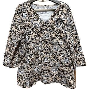 White Stag Women Blouse XL Beige Black White V Neck Geometric Long Sleeve Cotton